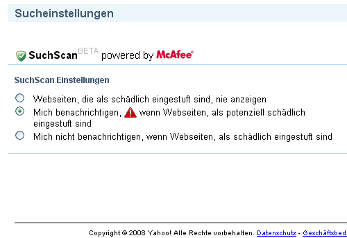 Yahoo! SuchScan - Einstellungen